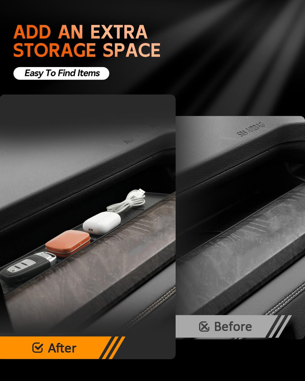 CDEFG tray holding phone and keys keeps items from sliding