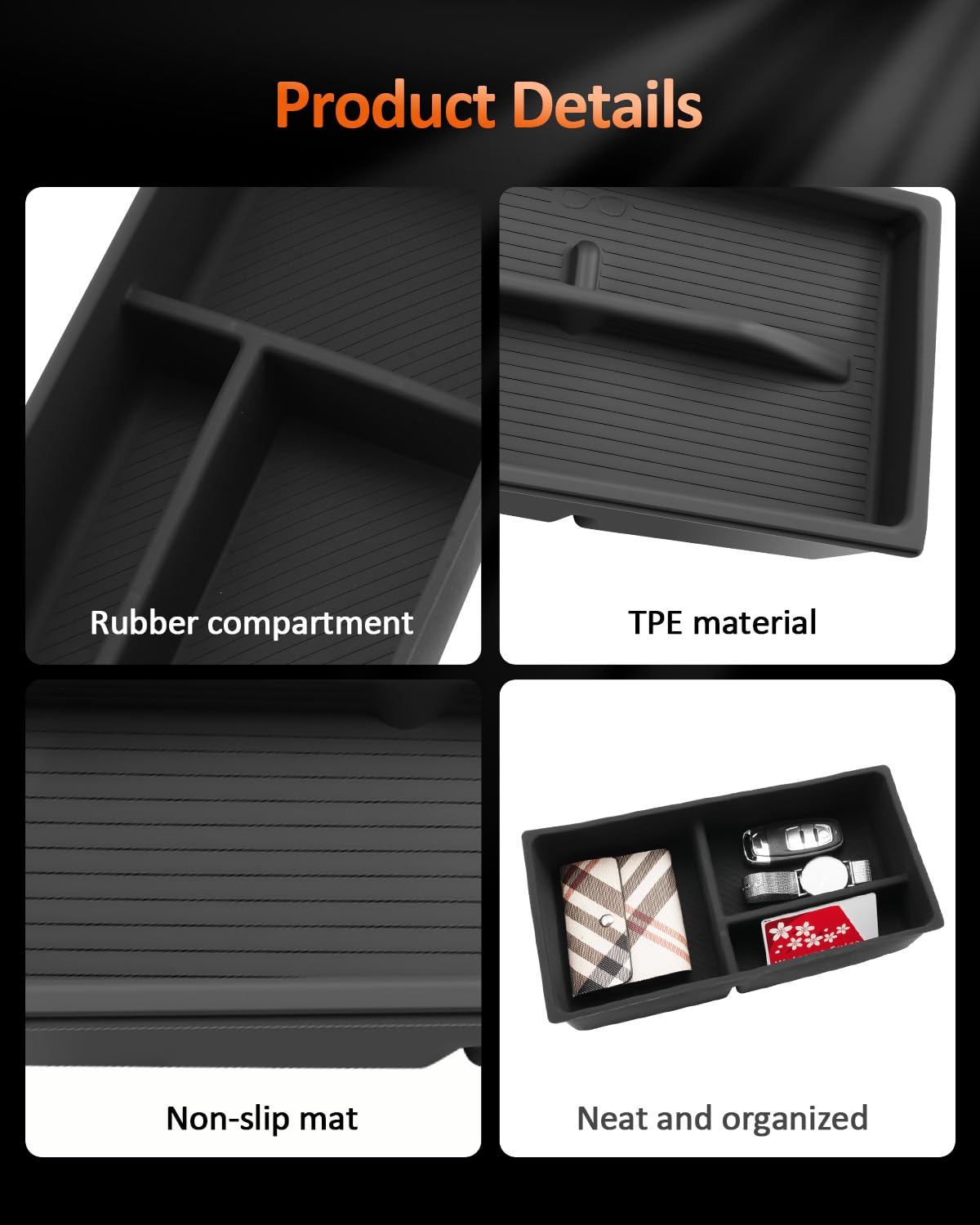 CDEFG side profile showing exact fit inside armrest for secure storage benefit