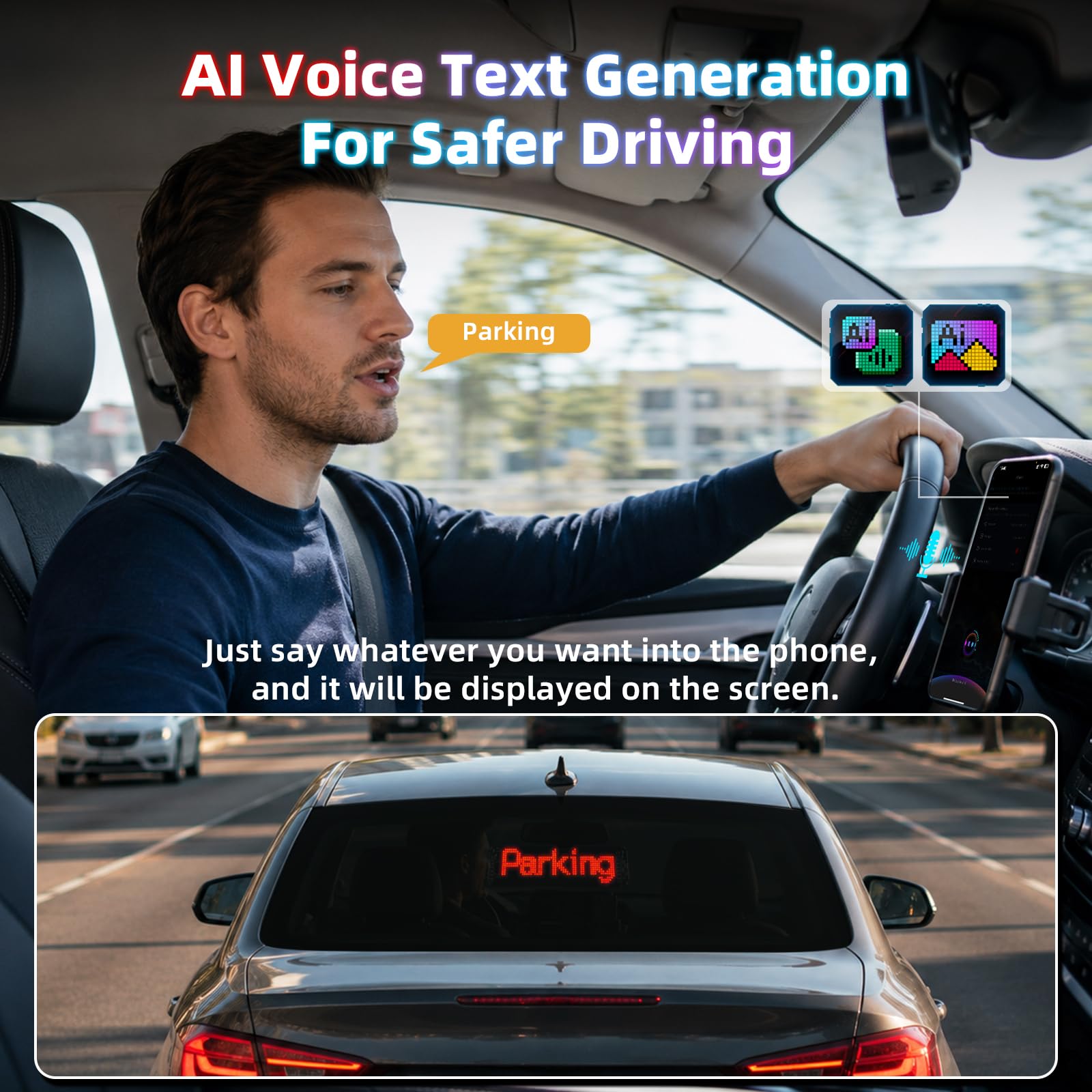 Cdfuany installed on windshield demonstrating safer visible messaging for drivers