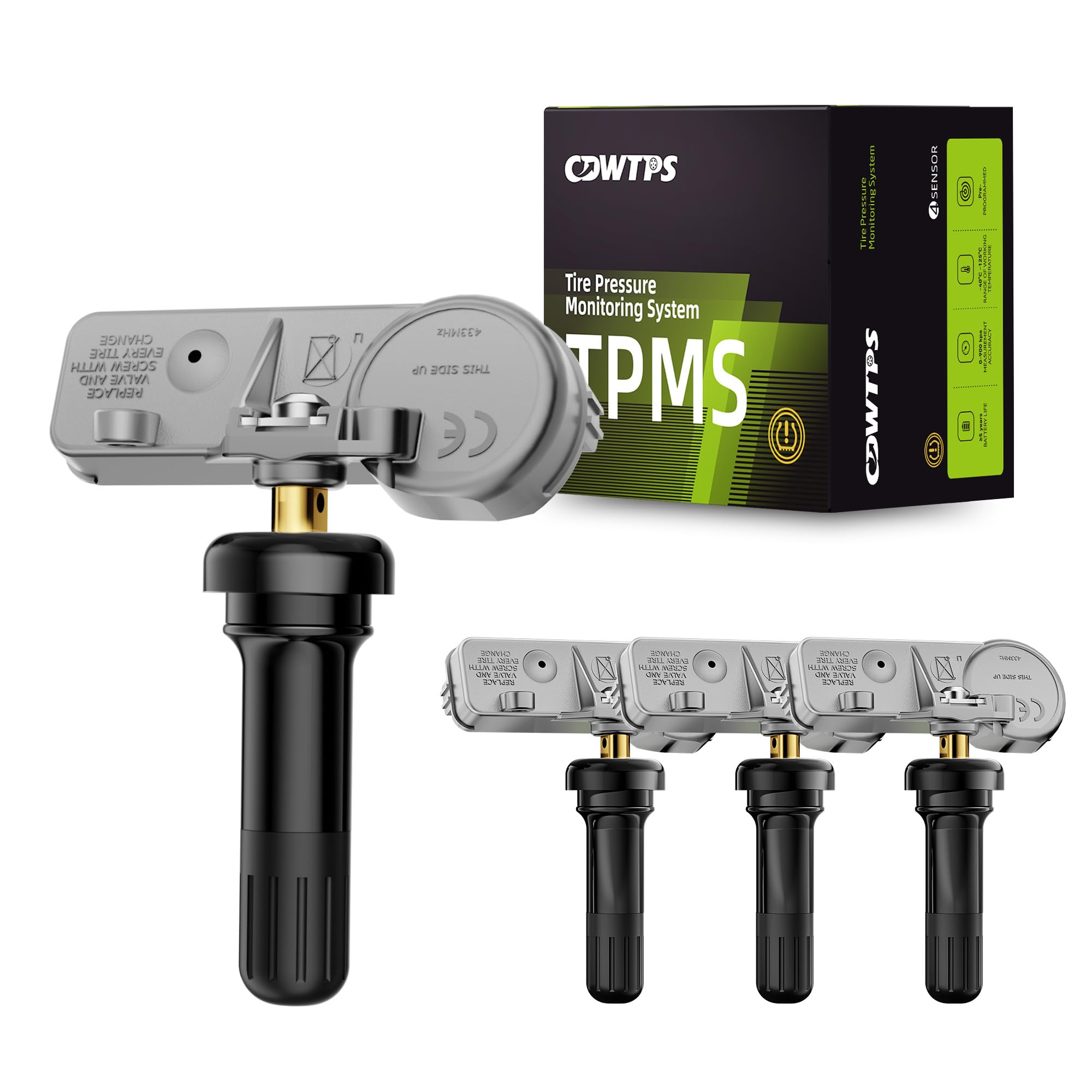 CDWTPS front packaging showing four pre-programmed TPMS sensors and clear branding benefit