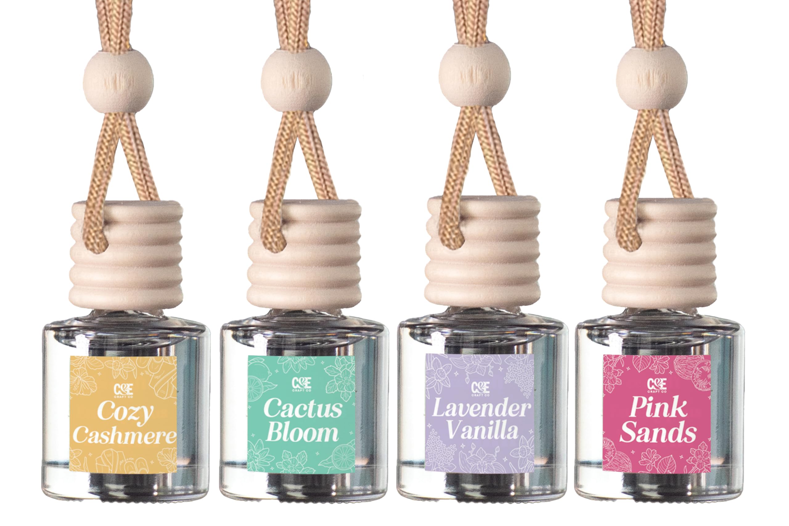 CE CRAFT front view of 4-pack floral hanging diffusers showing labels and design, fresh scent benefit