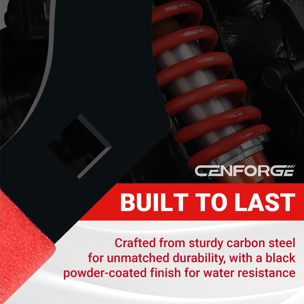 CENFORGE spanner wrench engaged on a coilover demonstrating safe adjustment use