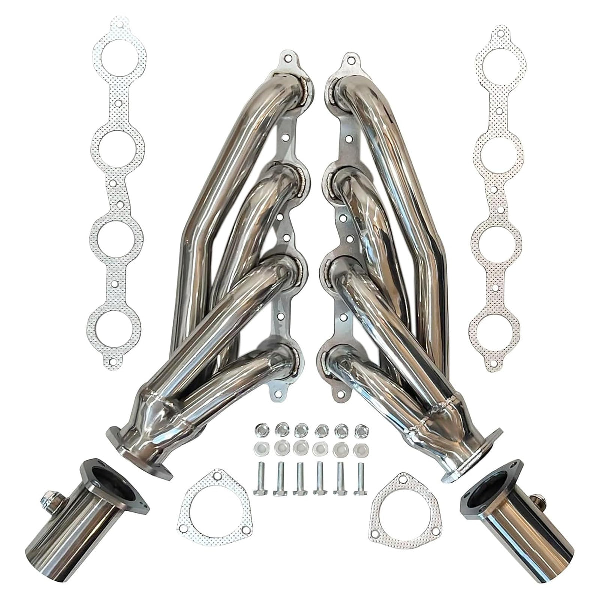 Certified Automotive Experts front view of shorty headers showing compact fit and universal swap benefit