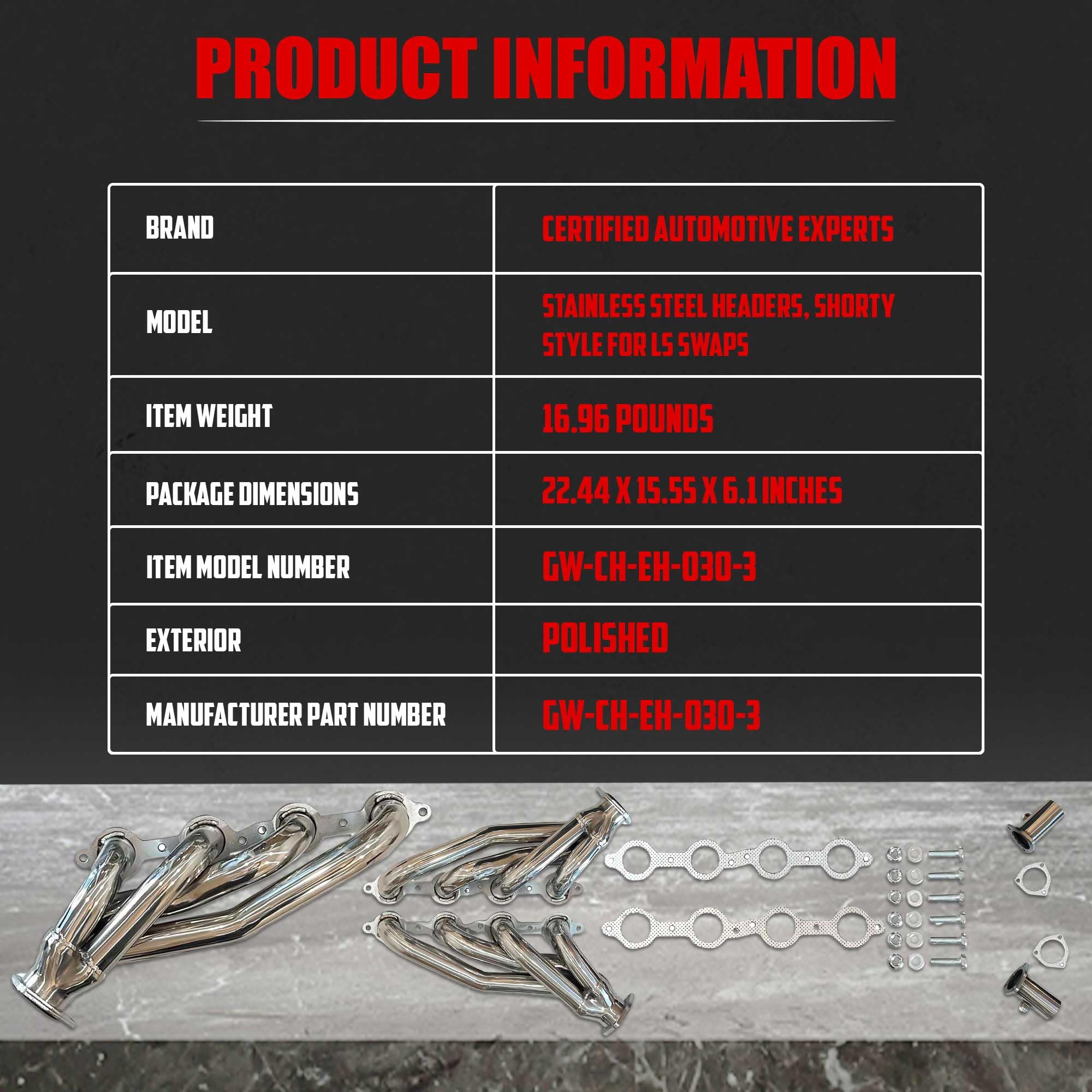Certified Automotive Experts headers next to engine block to show scale and fitment guidance