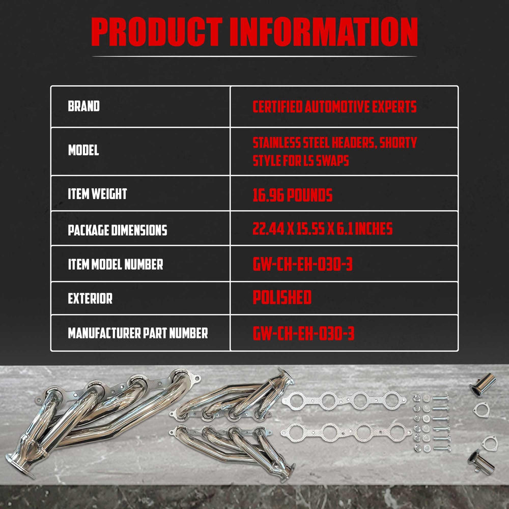 Certified Automotive Experts headers next to engine block to show scale and fitment guidance