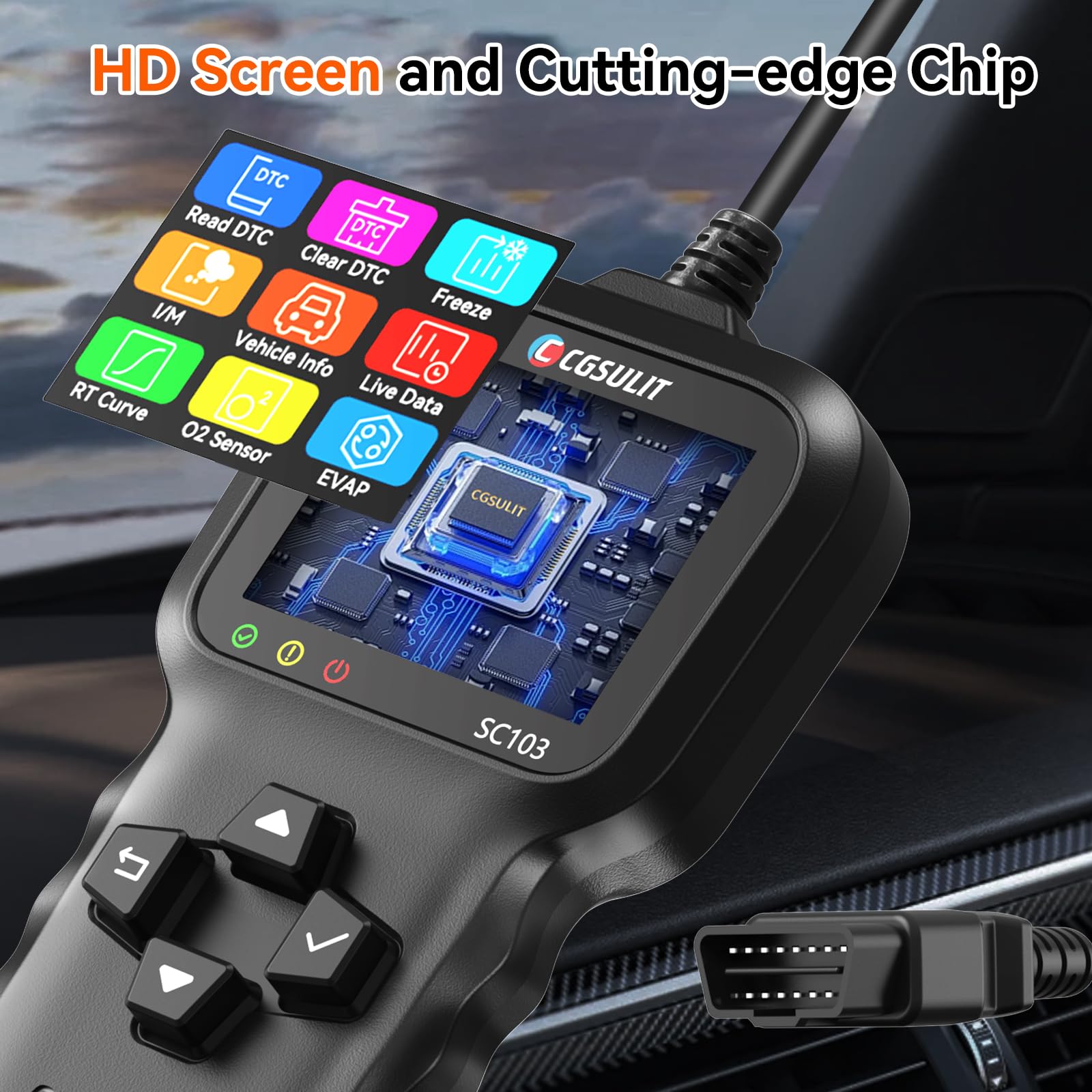 CGSULIT SC103 plugged into vehicle OBD2 port demonstrating simple use