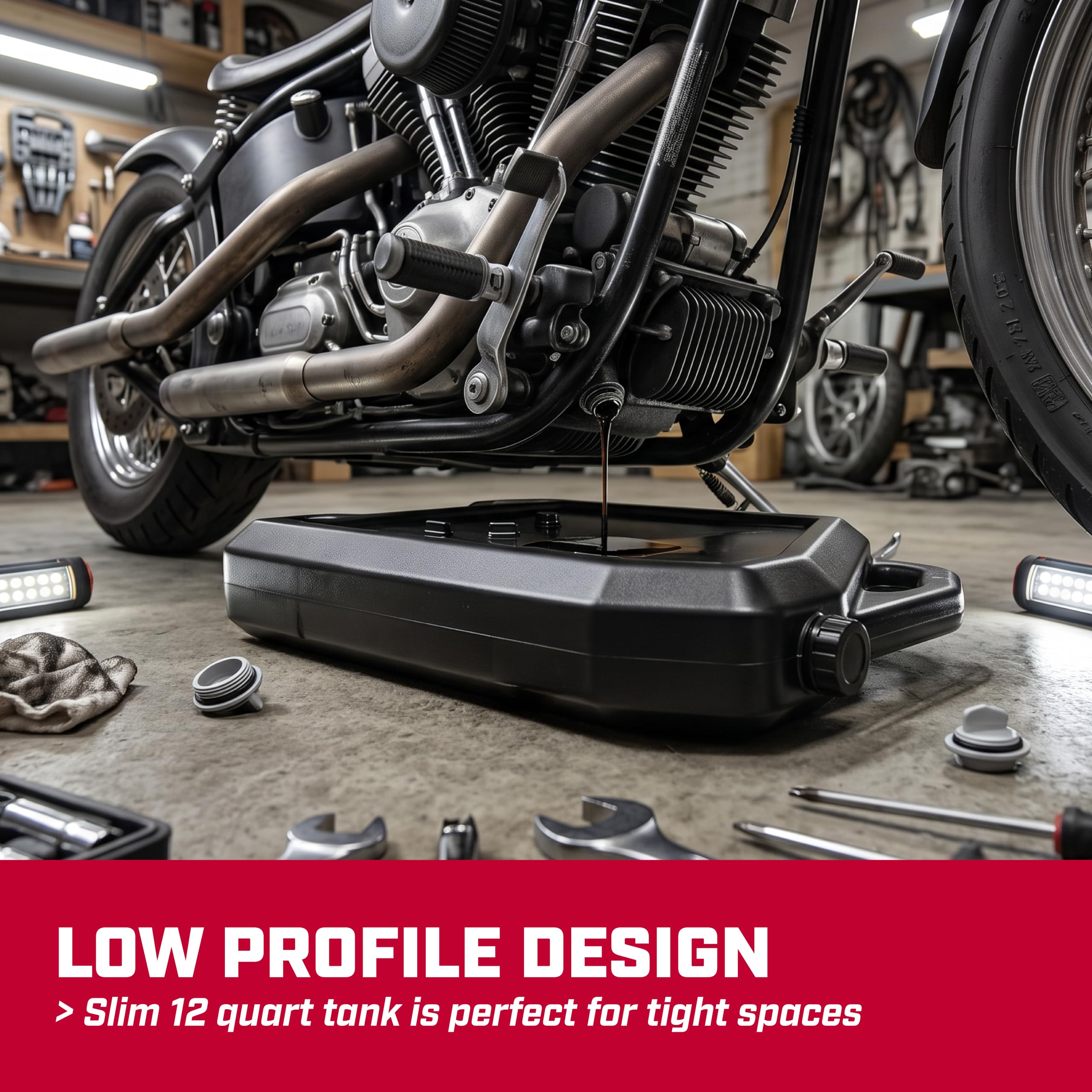 CHAPIN pan under a mower demonstrating low‑profile fit for easier access
