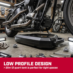 CHAPIN pan under a mower demonstrating low‑profile fit for easier access