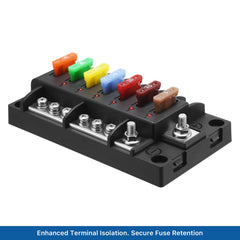 Chatovalo LED indicators detail showing blown-fuse LEDs for quick troubleshooting