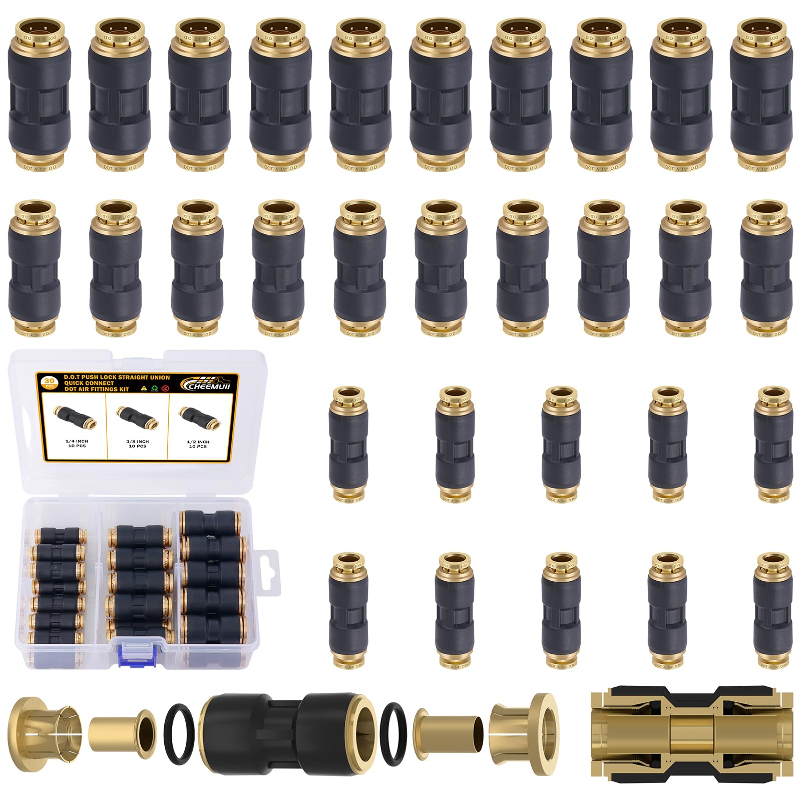 CheeMuii front packaging showing 30PCS DOT brass fittings and kit benefit