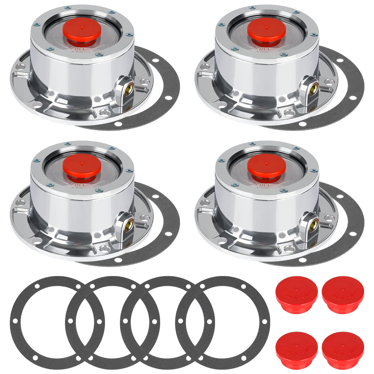 CheeMuii front view of four hub caps showing polished finish and bolt holes, durable fit