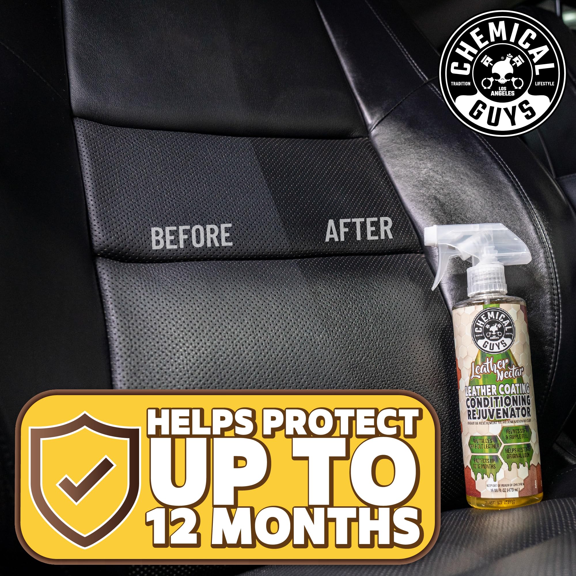Chemical Guys Leather Nectar on a leather bag in lifestyle setting protecting finish