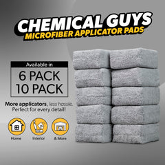 Chemical Guys applicator held in hand showing 4 x 3 x 1.5 inch size and control