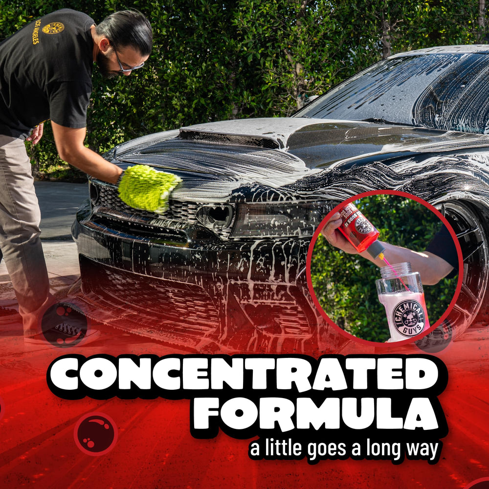 Chemical Guys bottle with mitt staged on black surface illustrating kit readiness