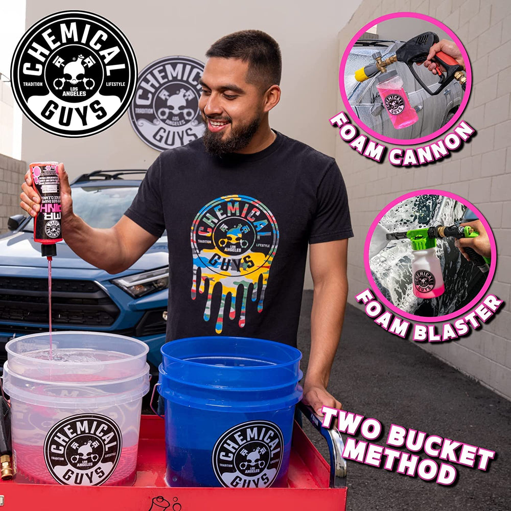 Chemical Guys bucket wash setup with mitt showing reduced swirl potential