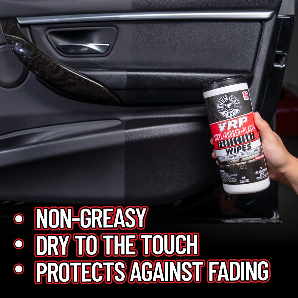 Chemical Guys wipes used on dashboard before and after showing streak-free finish benefit