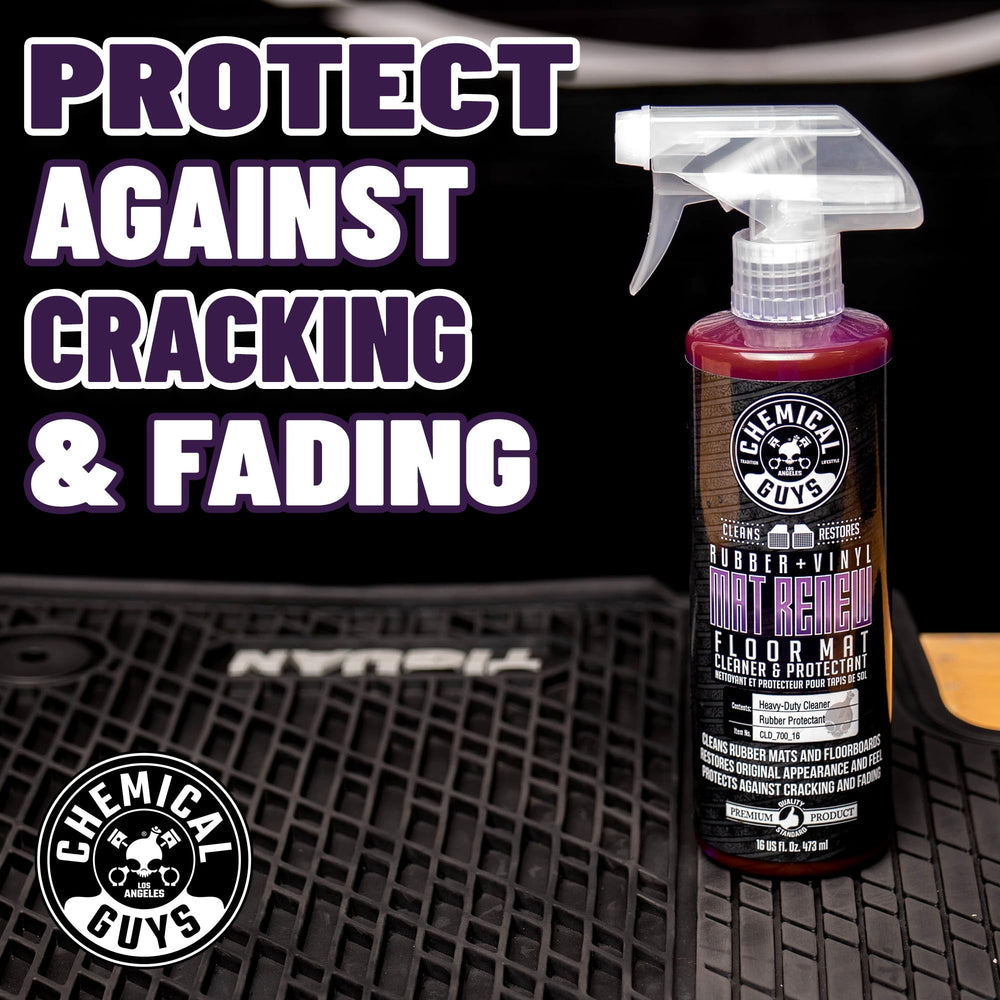 Chemical Guys close-up label of Mat ReNew highlighting silicone-free cleaning benefit