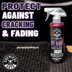 Chemical Guys close-up label of Mat ReNew highlighting silicone-free cleaning benefit