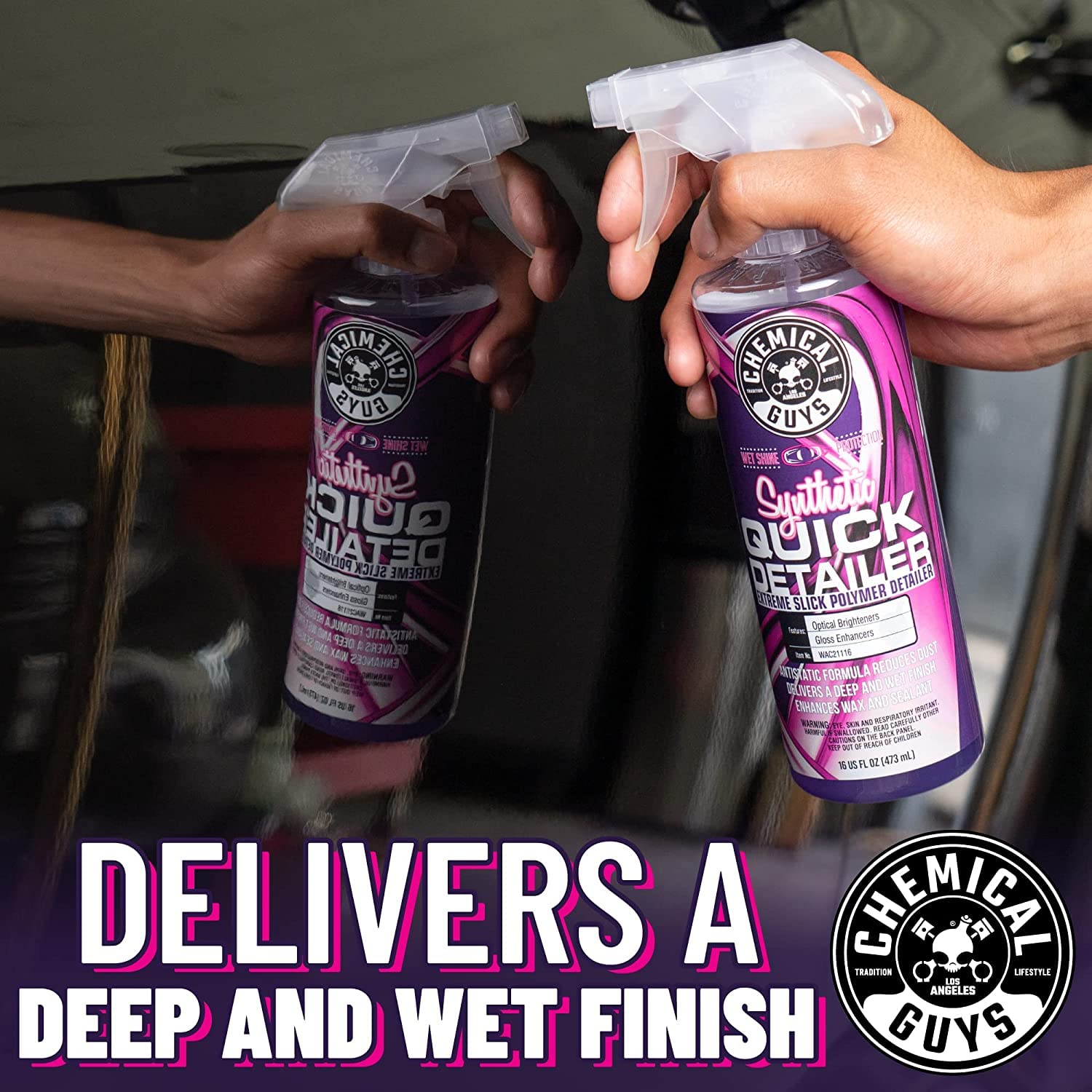 Chemical Guys detailer on dark blue paint highlighting enhanced depth and shine