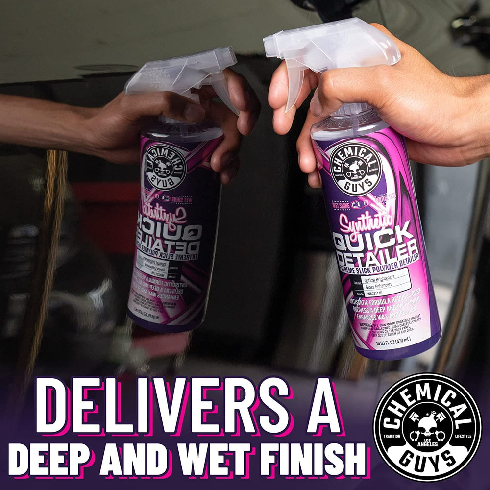 Chemical Guys detailer on dark blue paint highlighting enhanced depth and shine