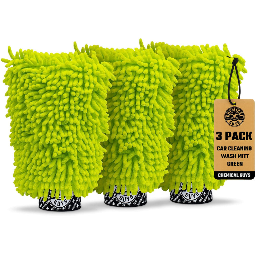 Chemical Guys Dually mitt front view showing lime green pack and logo preserving finish