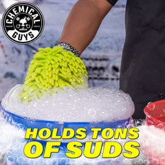 Chemical Guys Dually mitt held in hand showing size and comfortable fit for efficient washing