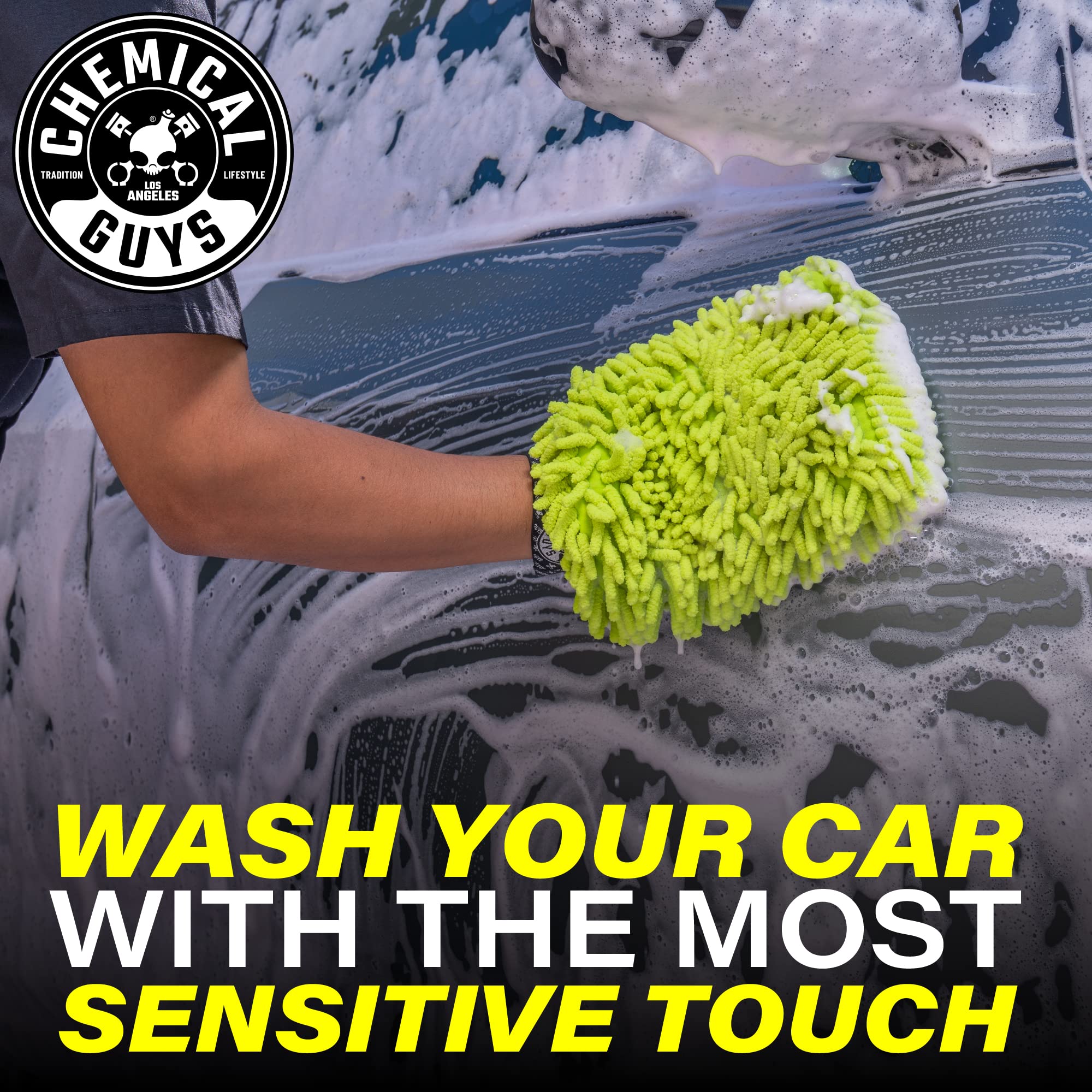 Chemical Guys Dually mitt covered in thick foam showing excellent suds retention and slip