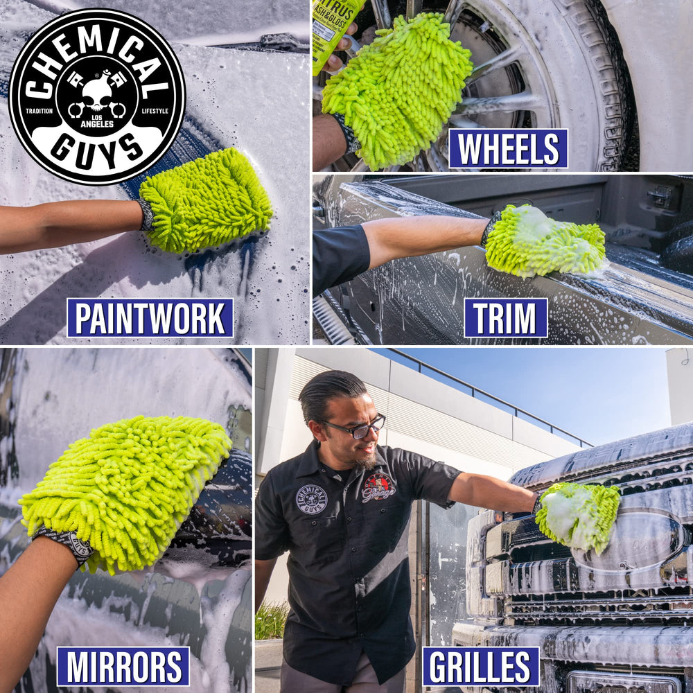 Chemical Guys Dually mitts in wash bucket showing readiness and reduced bucket trips