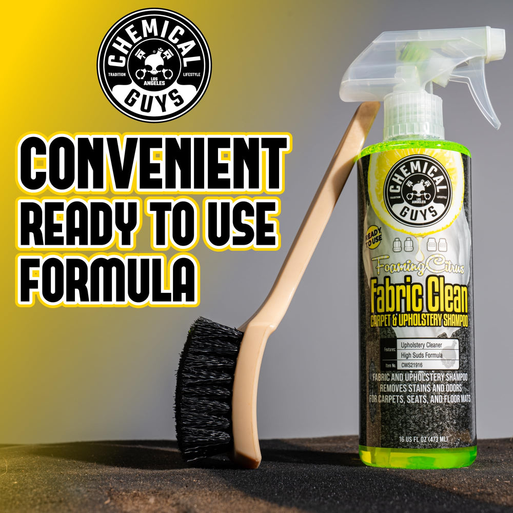 Chemical Guys foam lifting dirt on upholstery demonstrating effective cleaning