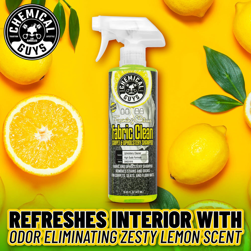 Chemical Guys spray action foaming on upholstery for easier stain removal benefit