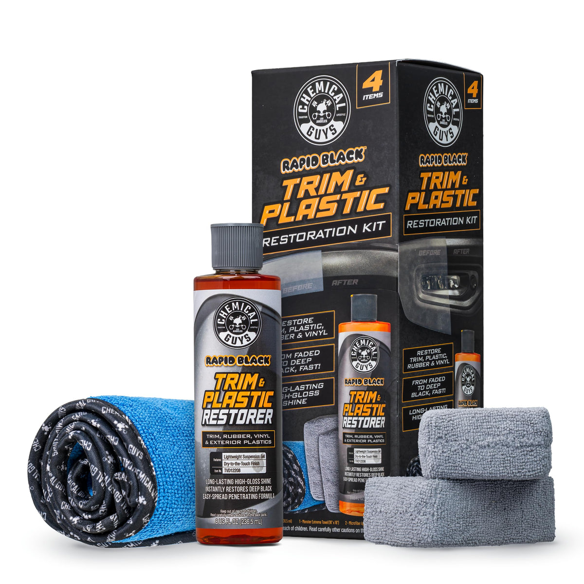 Chemical Guys front packaging showing complete trim restoration kit benefits