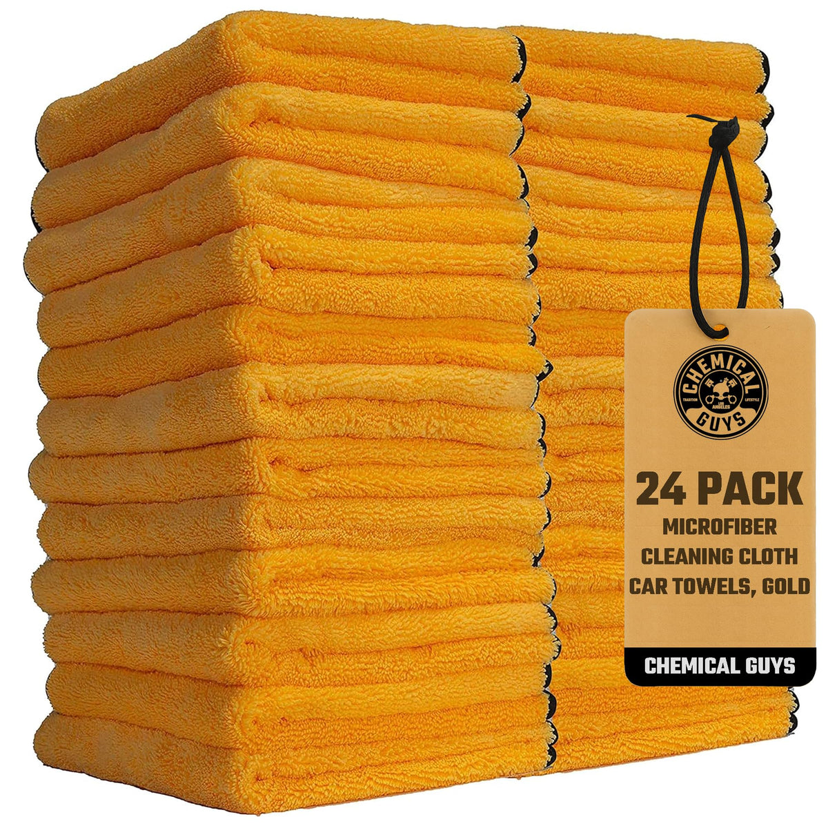 Chemical Guys front pack showing 24 gold towels, ensures enough supply