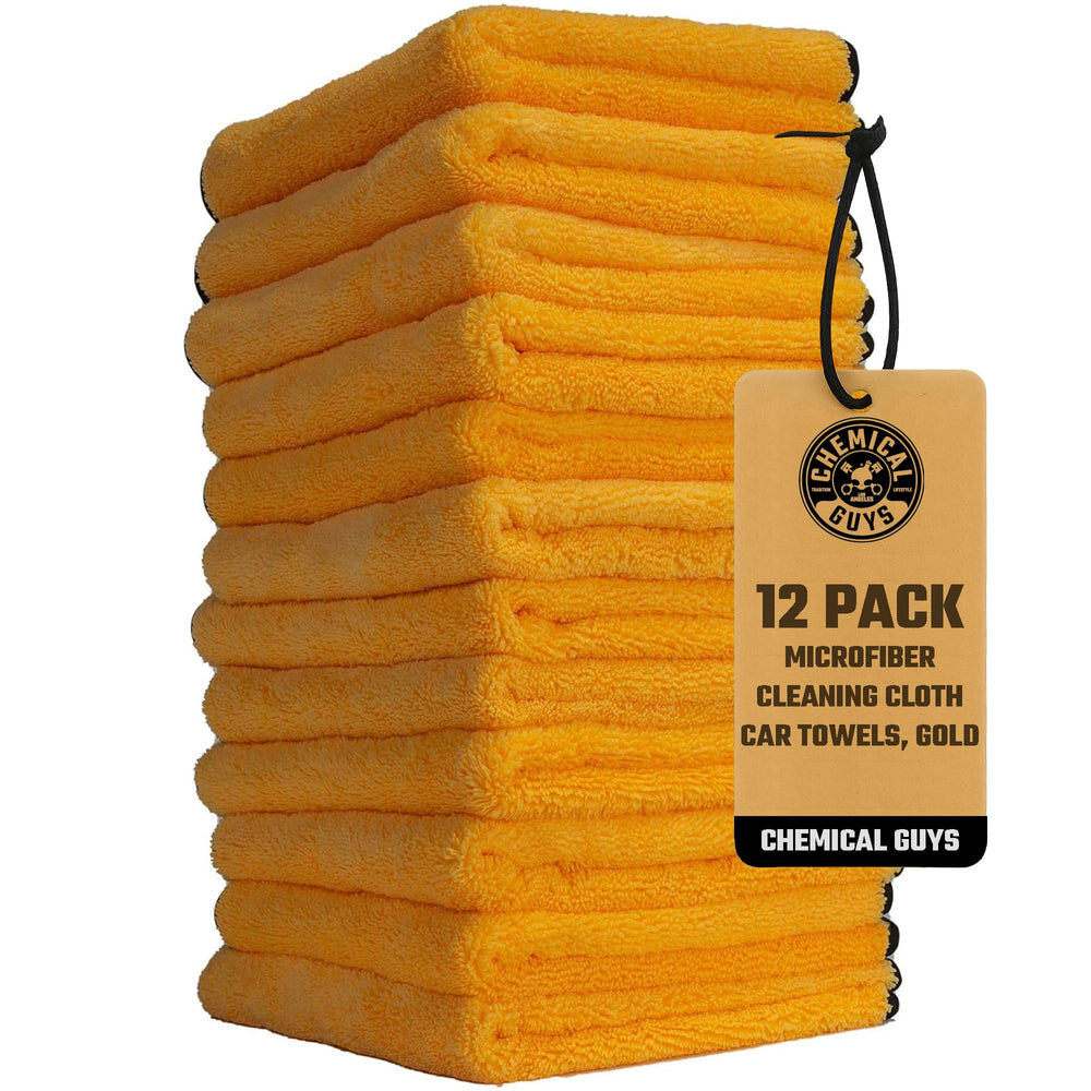 Chemical Guys front pack of twelve gold towels showing value and readiness