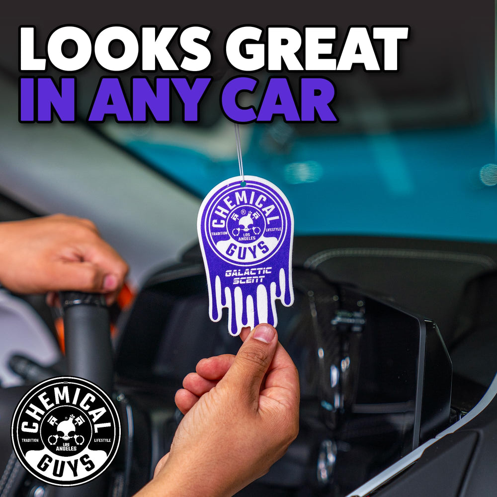 Chemical Guys freshener in a garage setting showing versatility and welcoming scent benefit