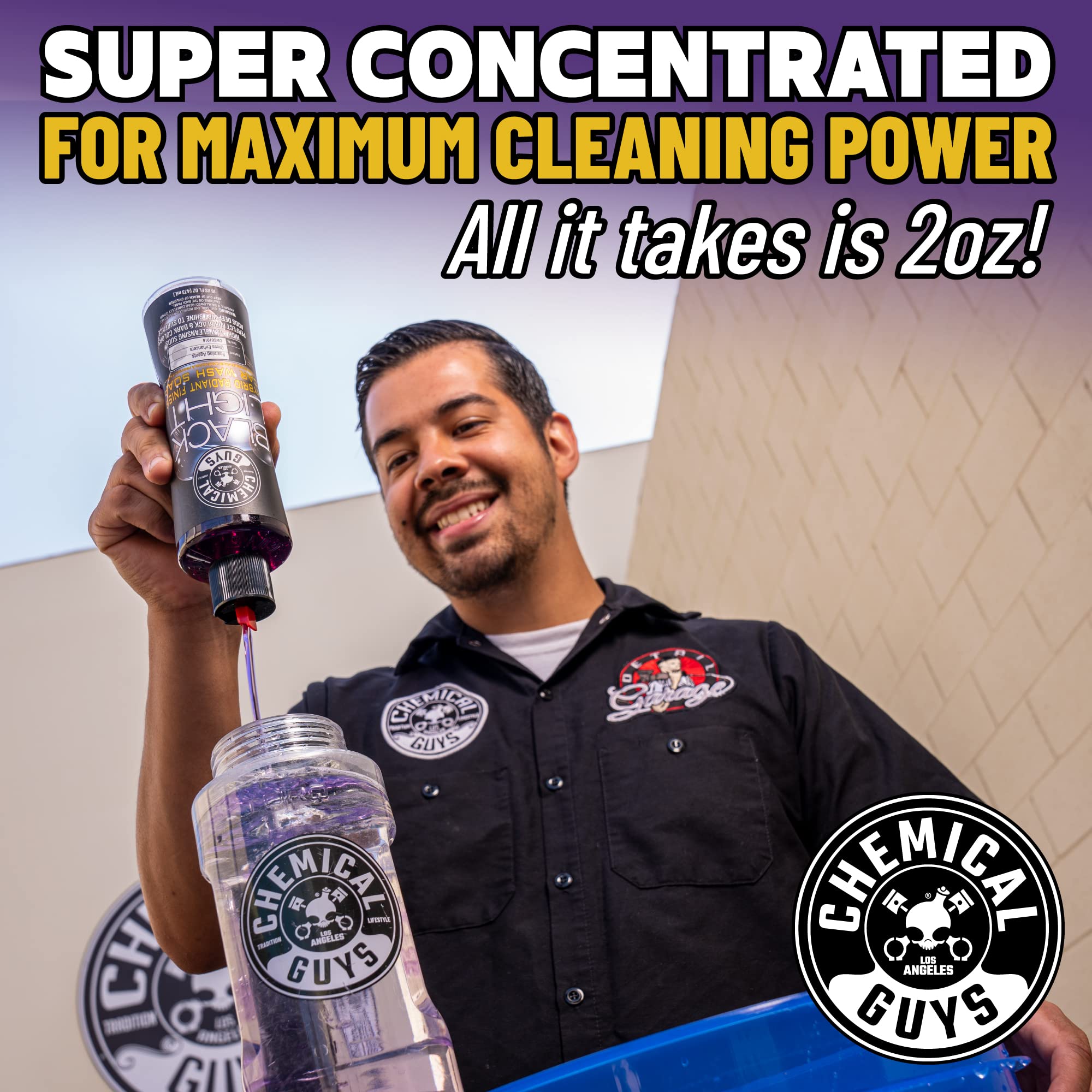 Chemical Guys bottle in garage lifestyle scene promoting regular detailing benefit