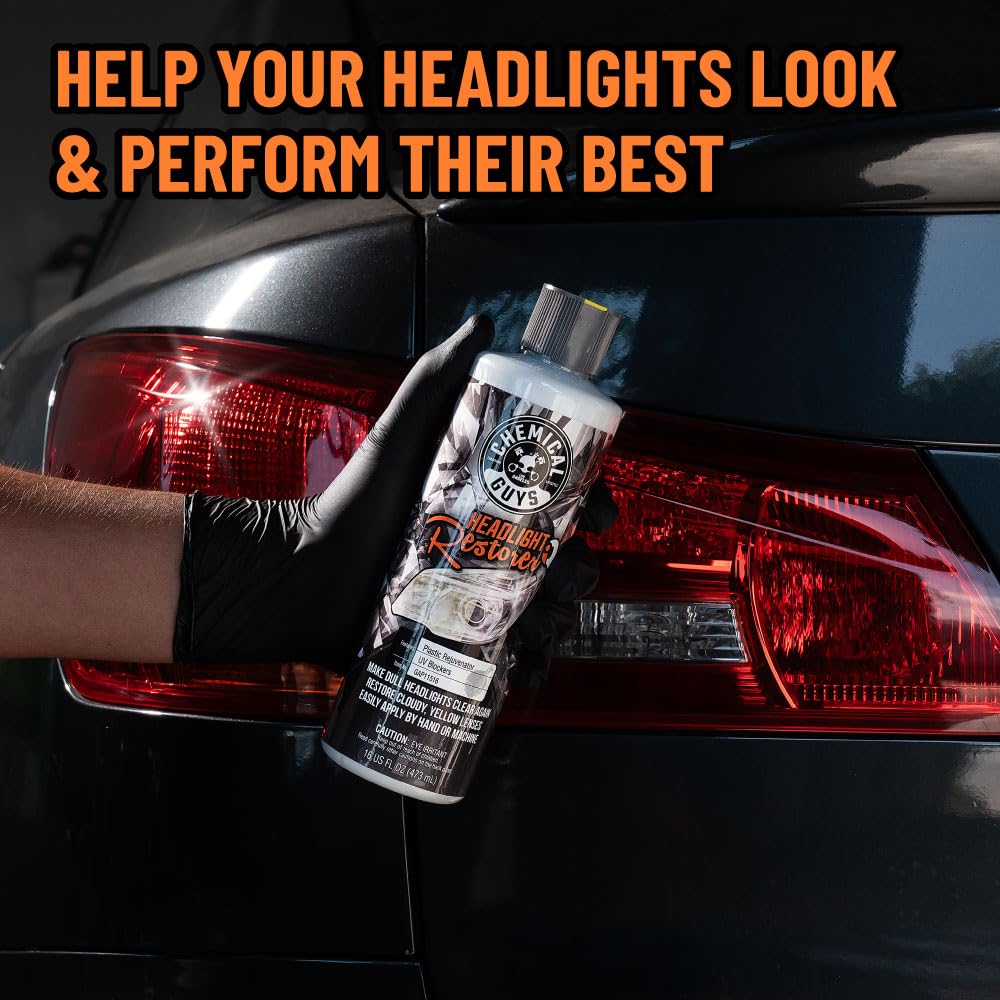 Chemical Guys split before and after headlight demonstrating renewed clarity benefit
