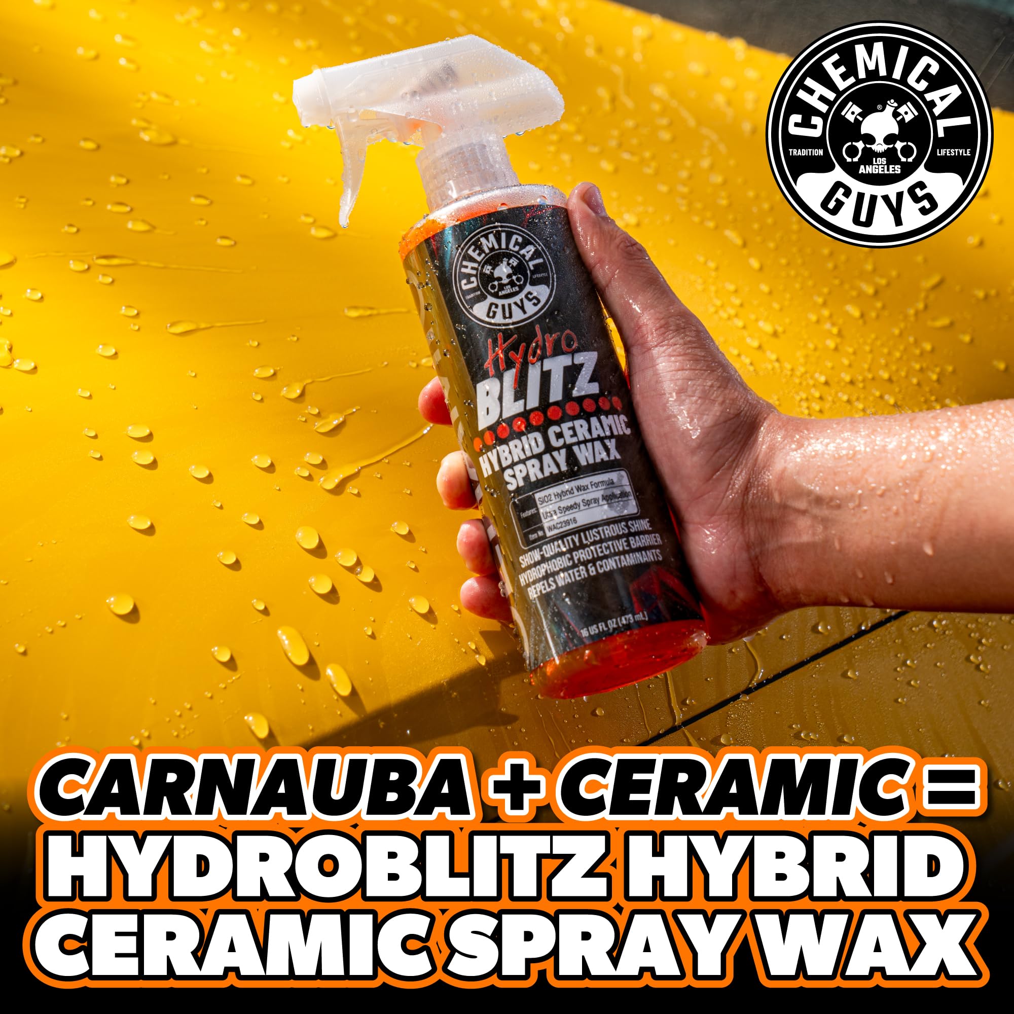 Chemical Guys close-up of label highlighting ceramic plus carnauba blend