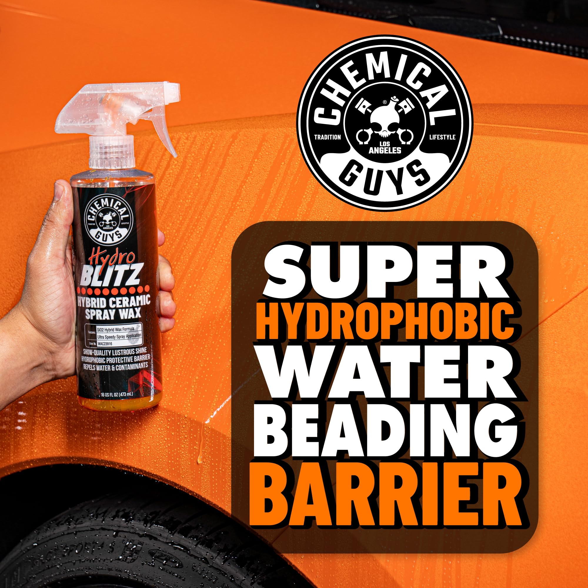 Chemical Guys hydrophobic water beading on hood for easier maintenance
