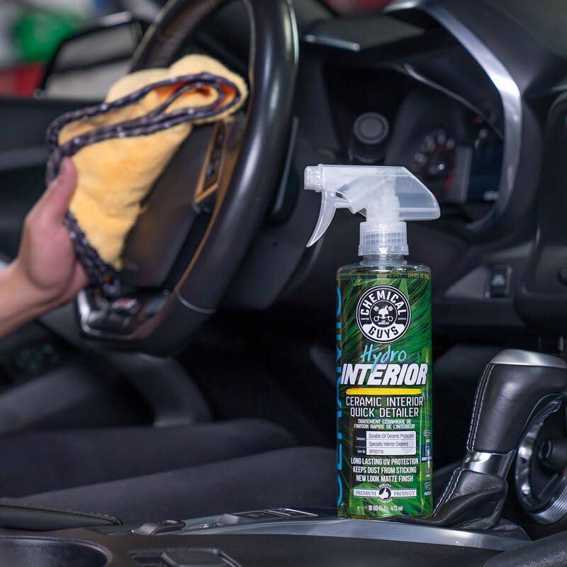 Chemical Guys HydroInterior before and after dashboard comparison showing reduced dust