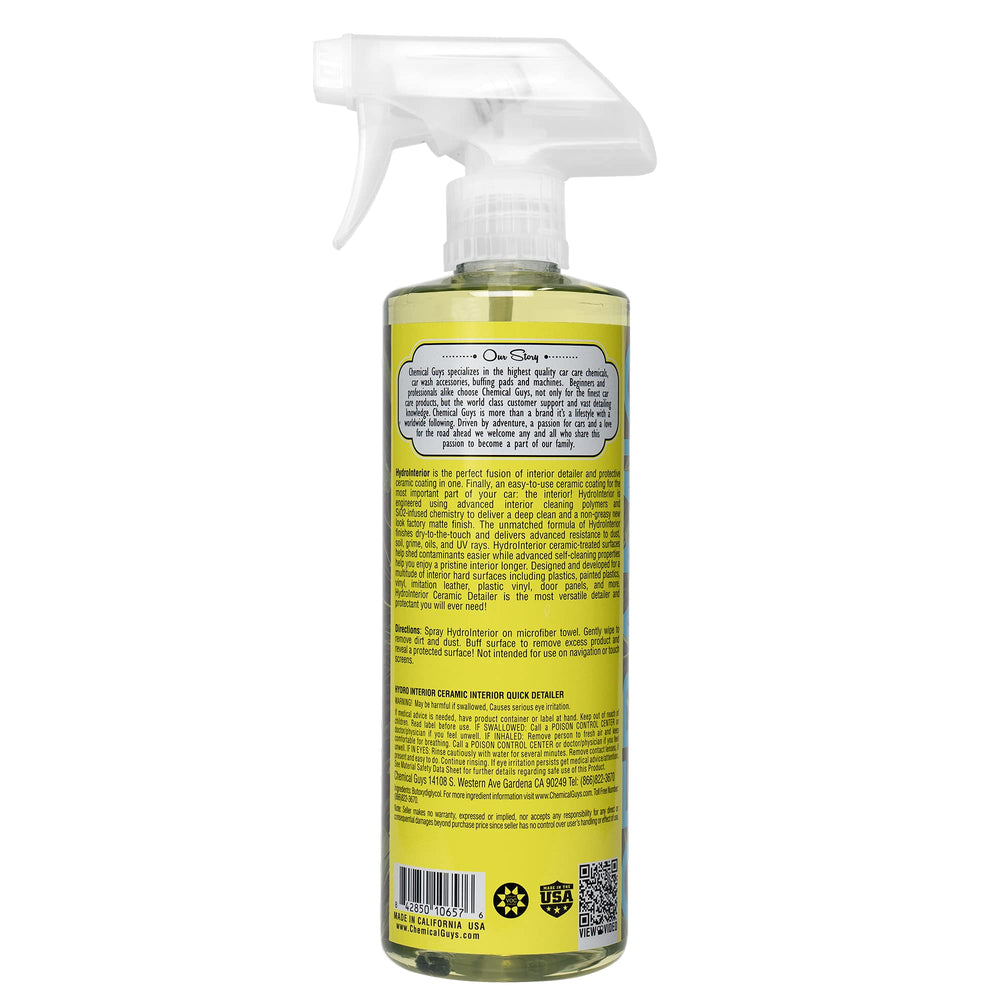 Chemical Guys HydroInterior label close-up highlighting active ceramic protection benefits