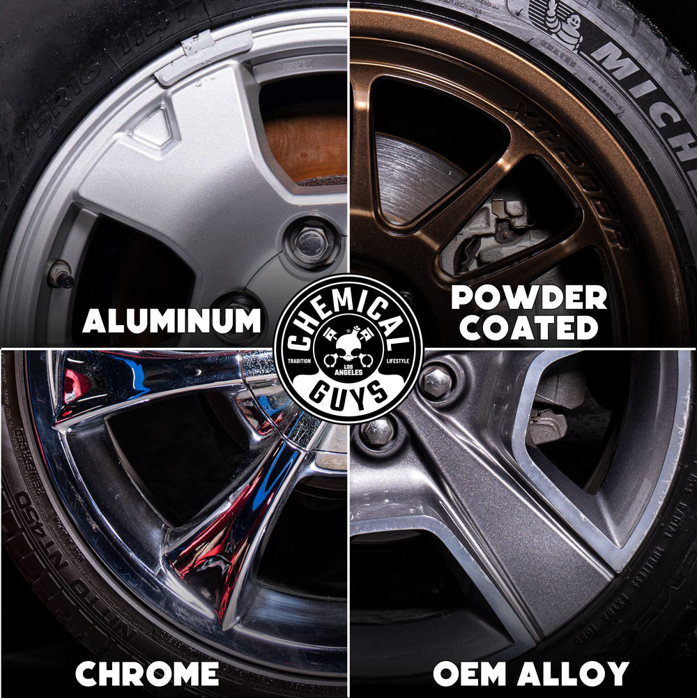 Chemical Guys HydroSpin before and after wheel photo showing reduced brake dust and improved shine