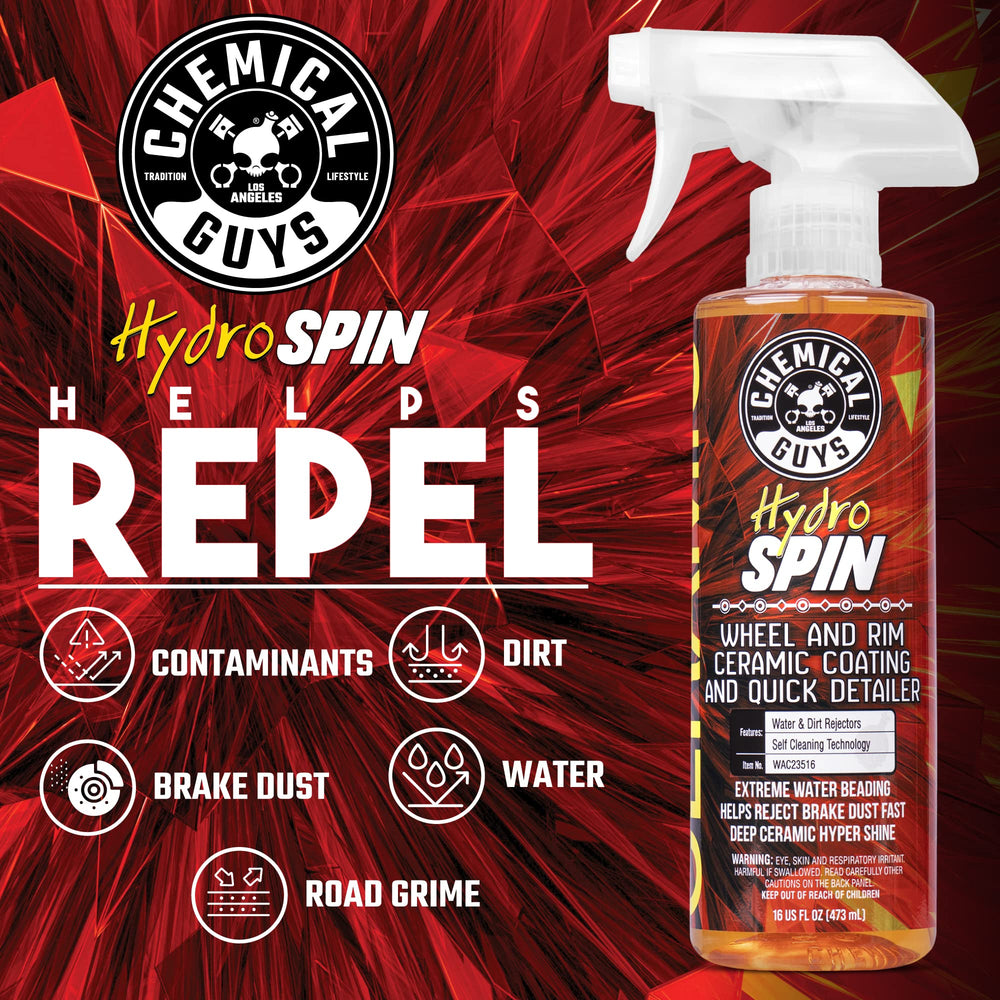 Chemical Guys HydroSpin being sprayed on a rim illustrating quick spray-and-wipe application benefit