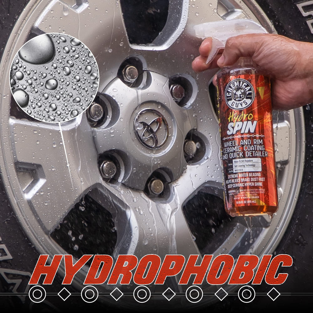 Chemical Guys HydroSpin applied to a wheel on a vehicle highlighting fast maintenance between washes