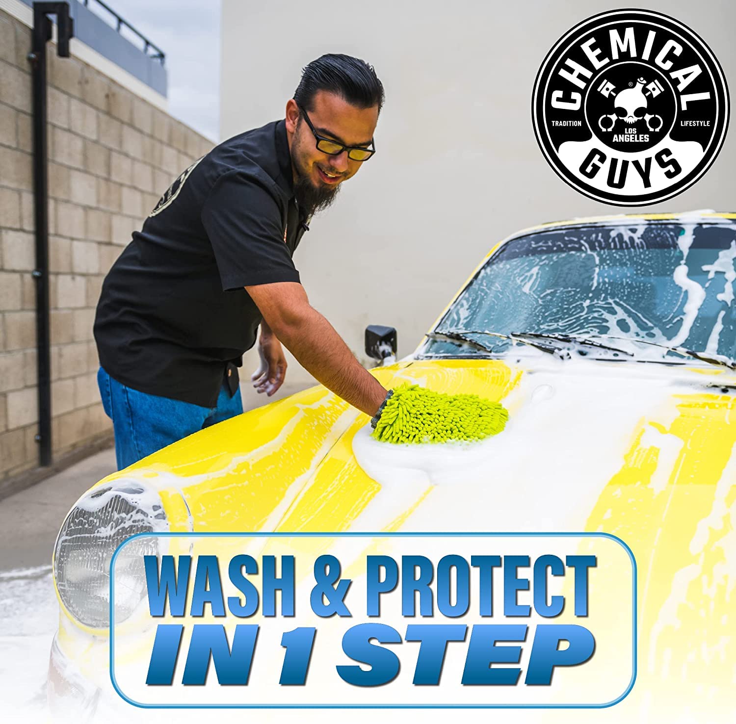 Chemical Guys wash panel before and after showing improved gloss and cleanliness
