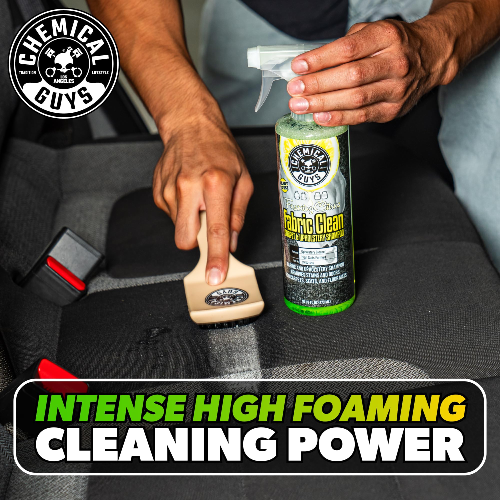Chemical Guys cleaner used inside car interior showing refreshed upholstery