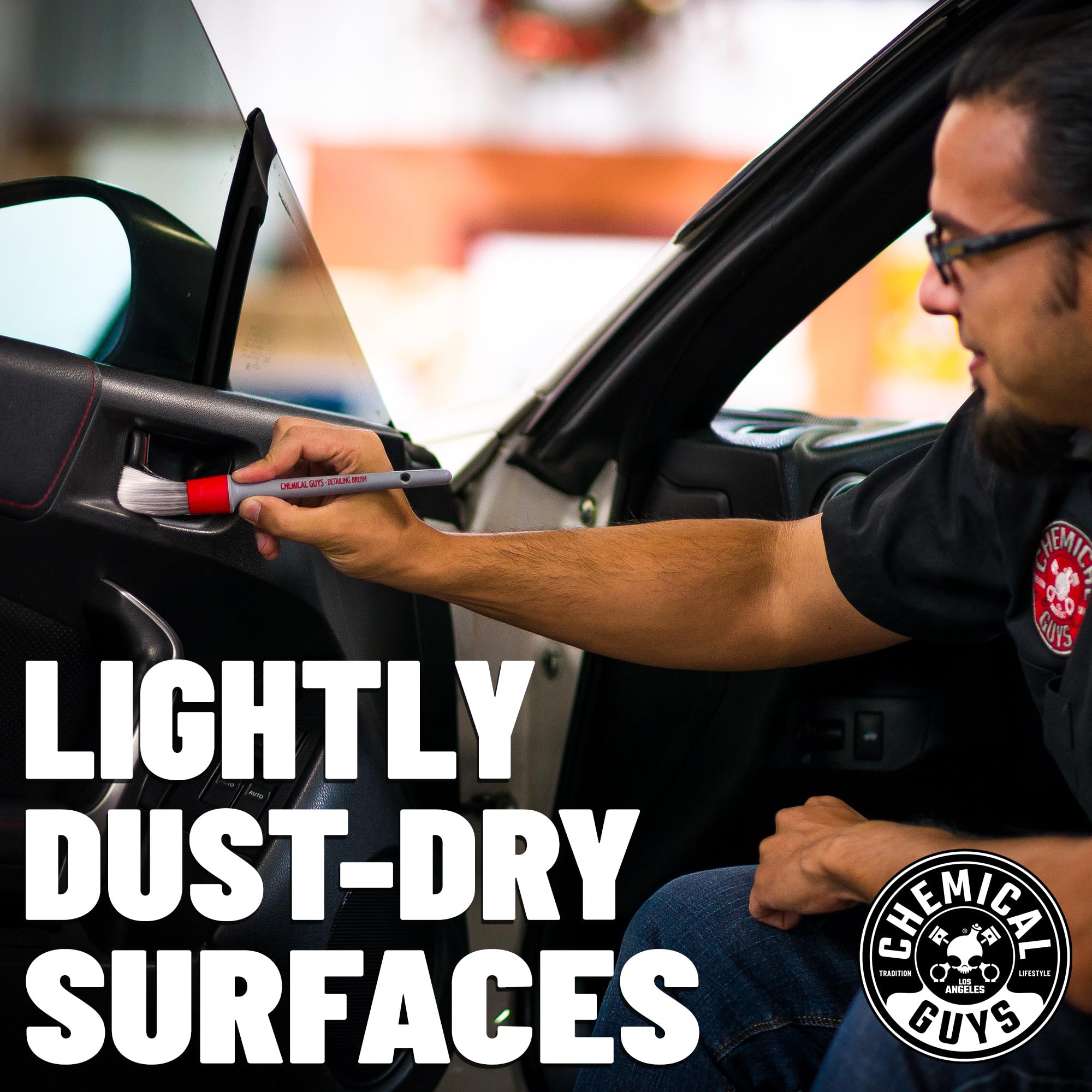 Chemical Guys kit in use cleaning a dashboard, restoring factory appearance and reducing fingerprints