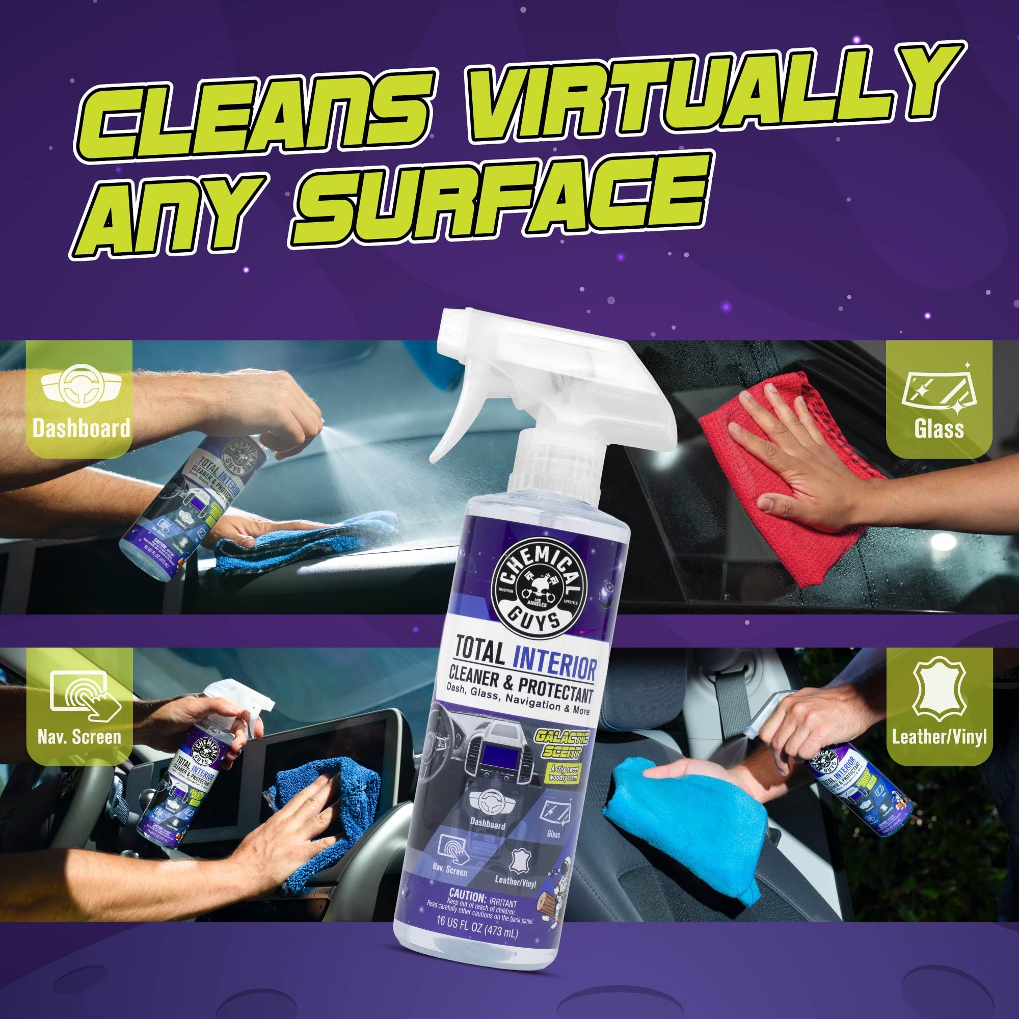 Chemical Guys spray on dashboard cleaning dust and grime for quick wipe-downs