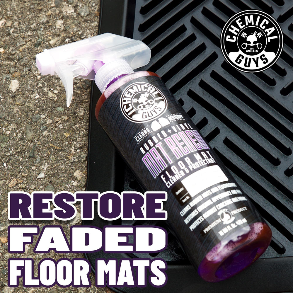 Chemical Guys kit in use on floor mat demonstrating efficient drill-powered cleaning