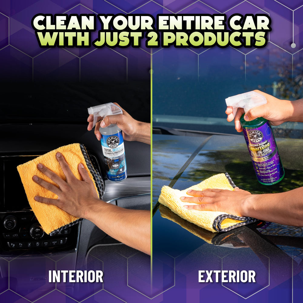 Chemical Guys full kit staged by a car showing convenience and coverage