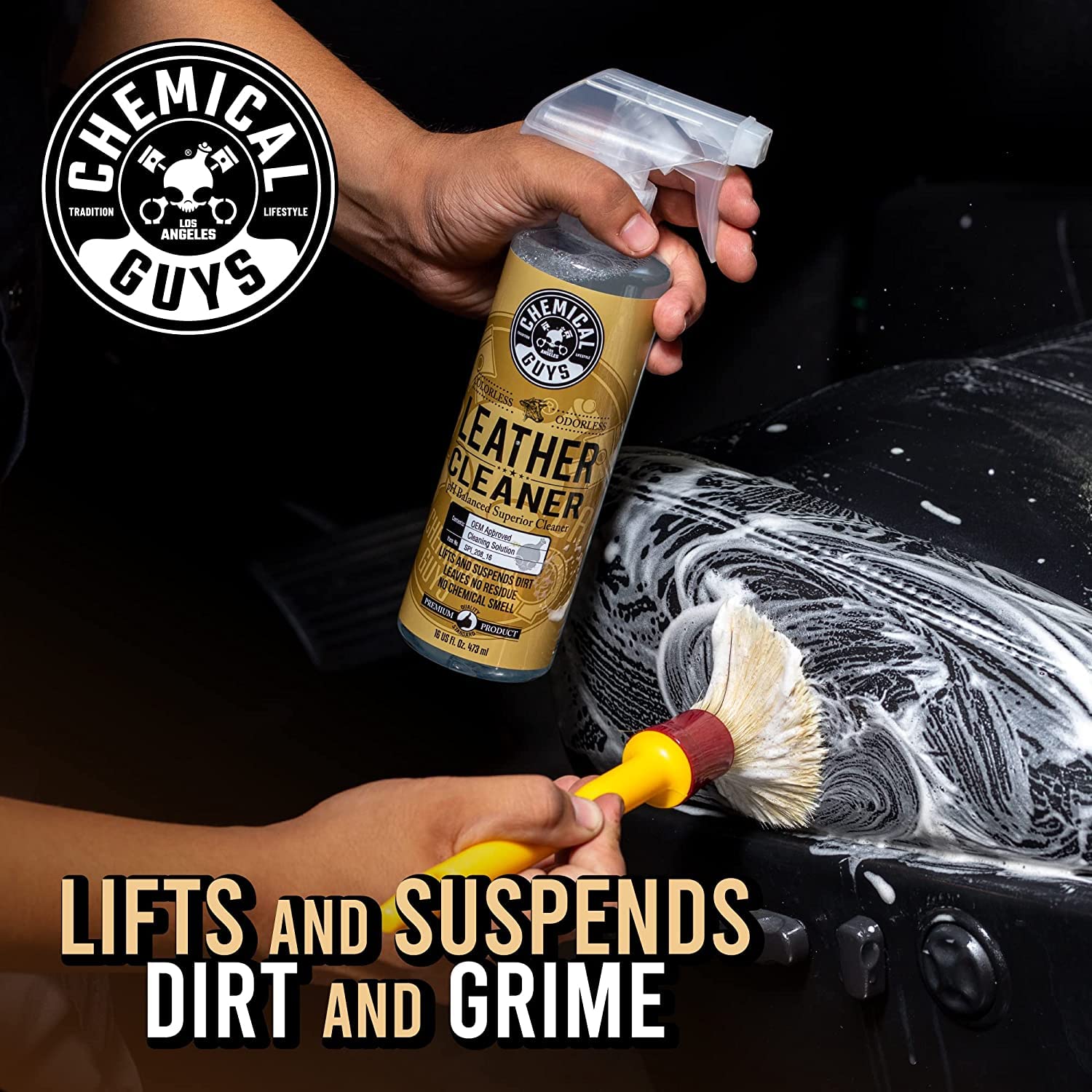 Chemical Guys leather cleaner bottle closeup highlighting label clarity and safe cleaning performance